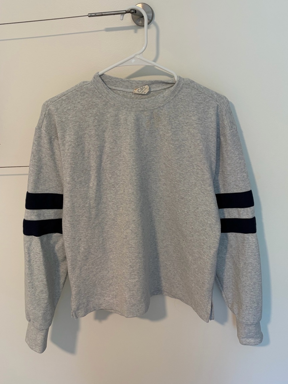 C&C California Light Gray Crewneck Sweater with Black Sleeve Stripes